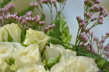 Floral background of faux roses is saddled with bright light