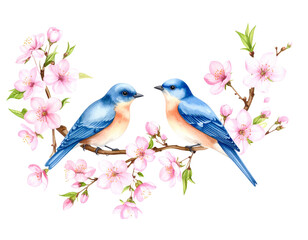 Fototapeta premium A cute blue bird with a yellow beak sits on a tree branch, a lovely illustration of nature's design
