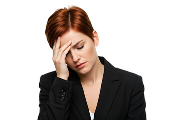 Red-Haired Woman with Headache or Stress Exhausted woman in business clothes showing signs of stress or burnout