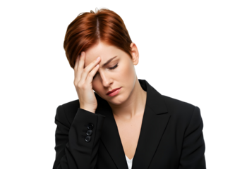 Red-Haired Woman with Headache or Stress Exhausted woman in business clothes showing signs of stress or burnout