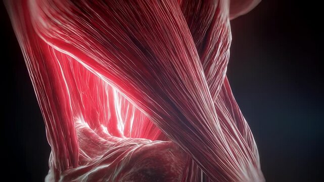 Animated crosssection of leg muscles and fascia featuring bright crimson IT band rubbing against lateral femoral epicondyle.