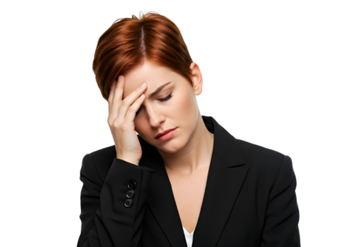 Red-Haired Woman with Headache or Stress Exhausted woman in business clothes showing signs of stress or burnout