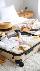 Open beige suitcase on bed, filled with clothes, hat, and beach accessories