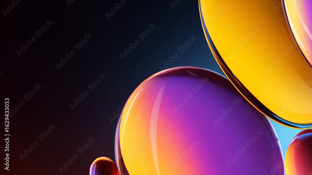 Poster in dark space, glowing translucent spheres with gradient colors of orange and purple float near abst