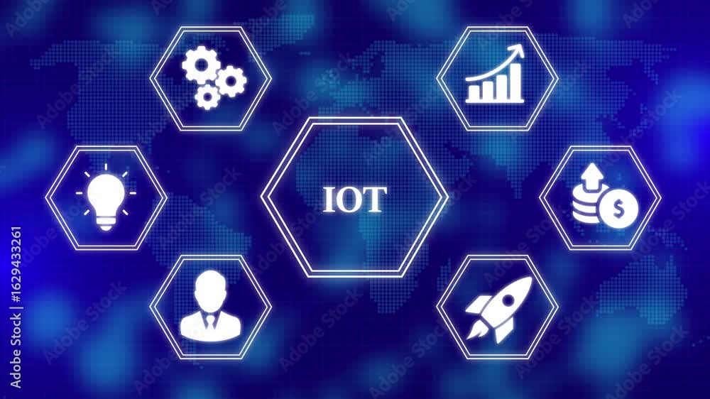 Poster internet of things - iot concept. businessman offer iot products and solutions. digital world map te
