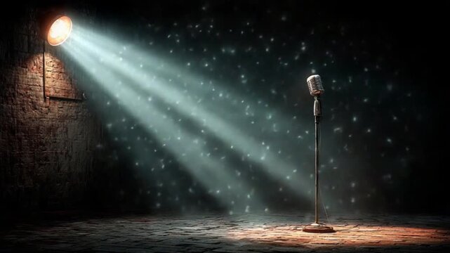 A single microphone stands illuminated by a spotlight on a dimly lit brick stage, evoking a dramatic and intimate performance setting.
