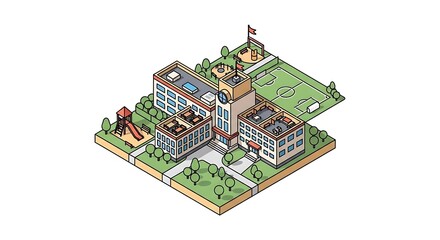 Isometric illustration of a school building with playground and soccer field on a sunny day