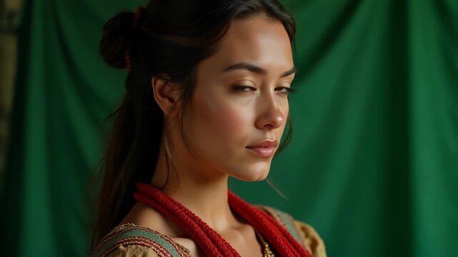 Stunning close-up portrait of Rahab in Canaanite biblical dress with red cord, perfect for historical, religious, and cinematic projects