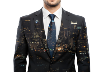 Businessman in City-Themed Suit A corporate man wearing a suit embedded with a cityscape pattern, symbolizing global business