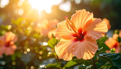 Peach hibiscus blossoms backlit by warm sunlight, dew drops visible