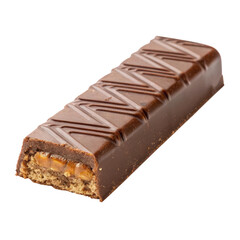 Milk chocolate bar with caramel filling on a white background, showcasing detailed texture and isolated view