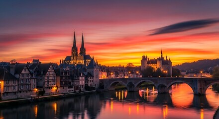 Obraz premium Spectacular sunset over Auxerre France featuring Saint Etienne Cathedral and Yonne river