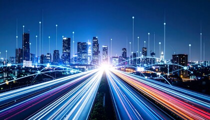 Fototapeta premium Night cityscape with light trails converging on a highway