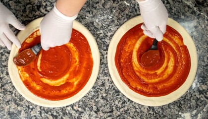 手袋をつけた作業員の手が冷凍ピザ生地にトマトソースを上から見た画角で同期しながら塗る食品工場の様子

