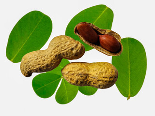 Top view ripe peanuts brown with green leaves, delicious snacks isolated on a white background closeup.