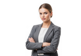 Confident businesswoman in grey suit stands with arms crossed isolated on transparent background looking at camera