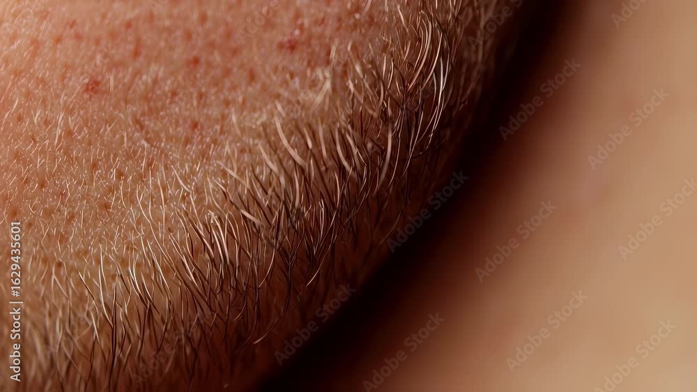 Poster detailed view of a shaved area with multiple ingrown hairs triggering tiny red raised bumps and surr
