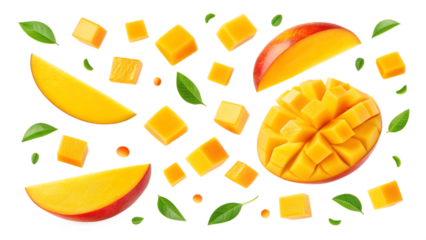 Fresh and juicy mango slices and cubes with green leaves isolated on transparent background in a flat lay composition