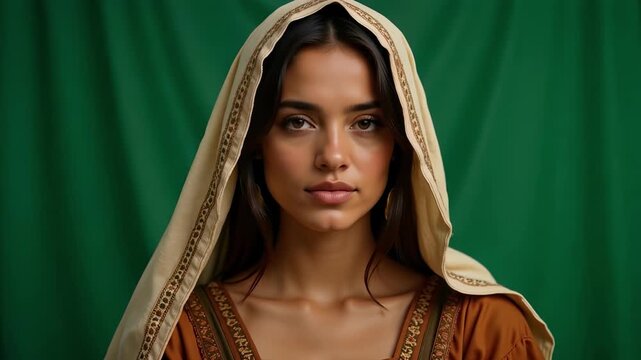 Close-up portrait of Zipporah in Midianite biblical dress, veiled, captured against a green screen for versatile use