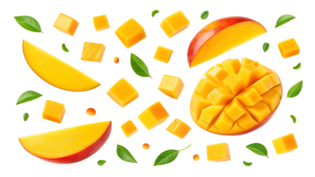 Fresh and juicy mango slices and cubes with green leaves isolated on transparent background in a flat lay composition