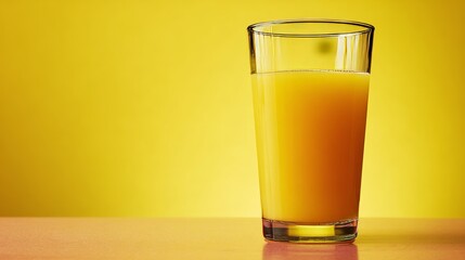 In a minimalist setup, a glass of freshly squeezed orange juice on a reflective surface is positioned against a bright orange background, highlighting the appeal of healthy drinks in advertising