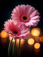 Pink gerbera daisies are beautifully showcased against a dark backdrop with soft, blurred bokeh lights, creating a romantic setting that is perfectly suited for greeting cards and home decor