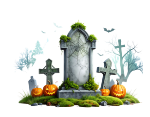 Spooky halloween graveyard scene with tombstones pumpkins and bats isolated on transparent background
