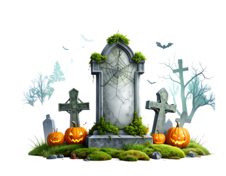 Spooky halloween graveyard scene with tombstones pumpkins and bats isolated on transparent background
