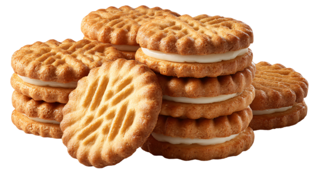 Stack of delicious sandwich cookies with creamy filling, snack time on transparent background