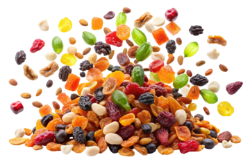 Falling multicolor nuts and raisins dragee isolated on white background
