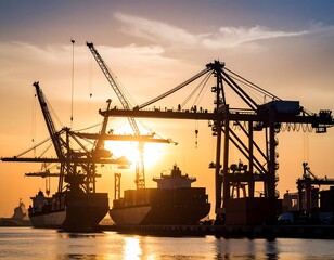 Obraz premium Silhouette of cargo ships and cranes at sunset