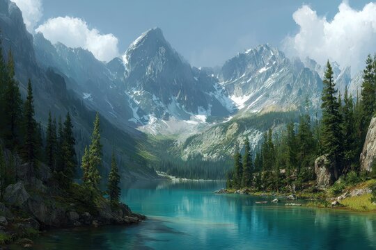 Serene mountain landscape with a tranquil lake surrounded by vibrant forests and snow-capped peaks under a clear blue sky