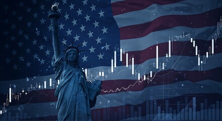 Statue of Liberty with American flag and financial market graph
