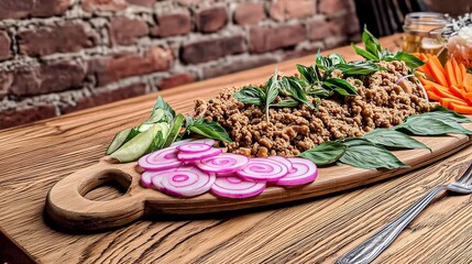 Authentic Thai Larb (spicy minced meat salad) served with fresh herbs, sticky rice, and raw vegetables on a wooden platter