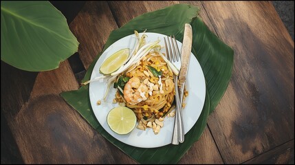 Authentic Thai Pad Thai served on a banana leaf plate with fresh lime, peanuts, and prawns, top view, beautifully styled