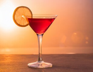 Cosmopolitan cocktail shining at sunset with lemon slice