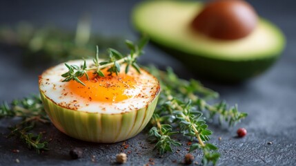 A dark background provides a striking contrast to a rustic ceramic bowl filled with a sunny side up egg, fresh avocado slices, herbs, and sea salt, creating a compelling healthy breakfast concept for