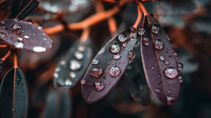 Fototapeta premium Crystal clear water droplets clinging to dark purple leaves create a captivating natural macro photography effect, distinguished by a vibrant bokeh background and a sprinkling of morning dew pearls