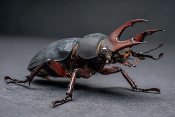 Adult male stag beetle captured in stunning macro detail showcasing its intricate features and natural behavior in a dark environment