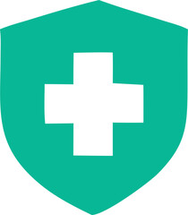 A simple modern graphic icon featuring a white plus symbol centered within a teal green shield shape representing healthcare or safety