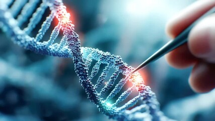 Close-up of a hand manipulating a DNA double helix structure with a precision tool, showcasing genetic research and scientific innovation - Powered by Adobe