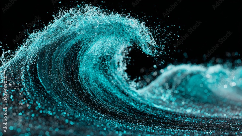 Poster a dark background features a glowing blue water splash with magical particles and a bokeh effect, sh
