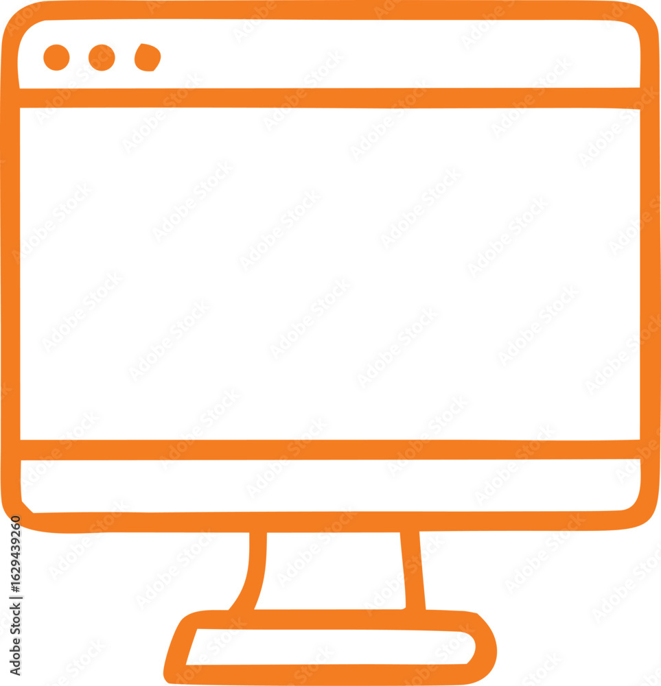 Poster a simple orange outline illustration of a modern computer monitor with a blank screen and a browser 