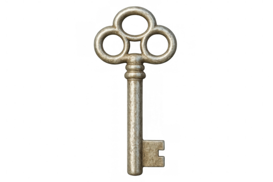 Antique metal key with a triple circle bow isolated on a transparent background, evoking mystery and history - Powered by Adobe