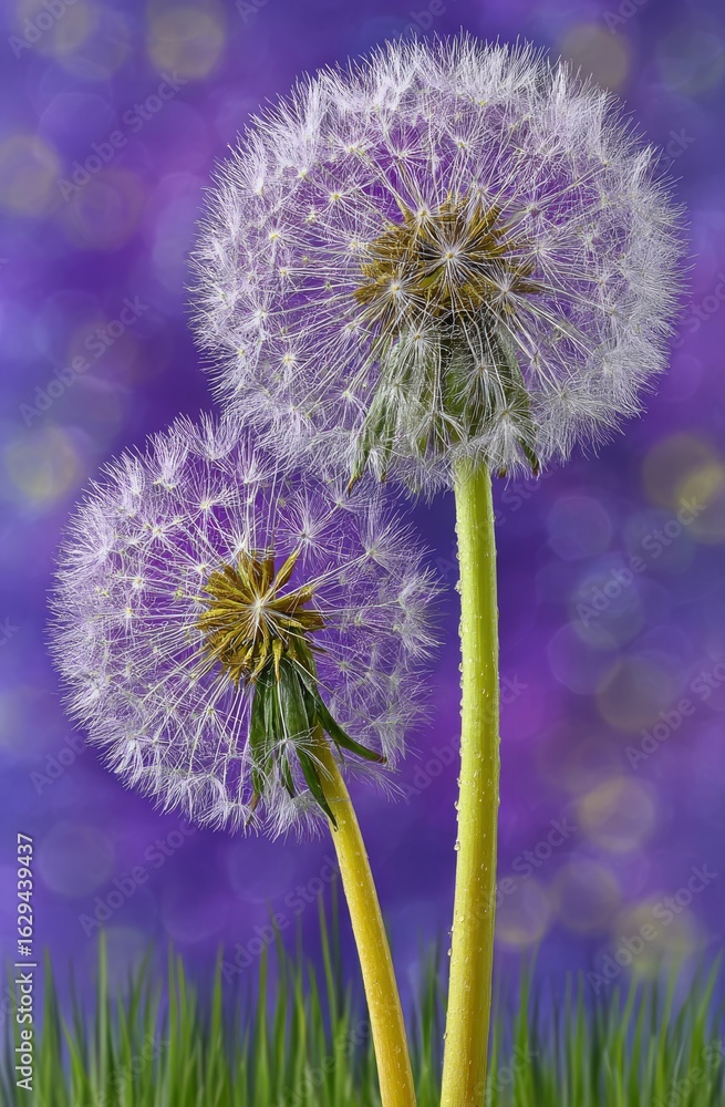 Poster macro photography brings into focus the intricate details of delicate dandelion seedheads swaying ge