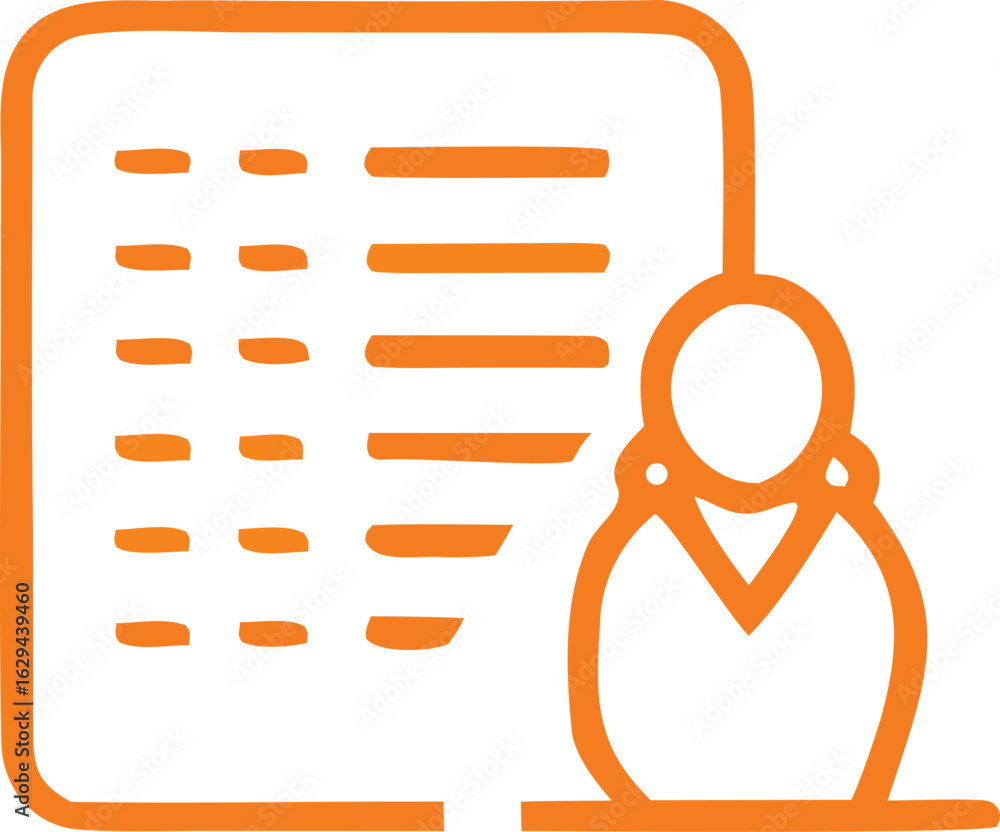 Poster simple orange icon depicting a person standing next to a document or list with multiple lines of tex