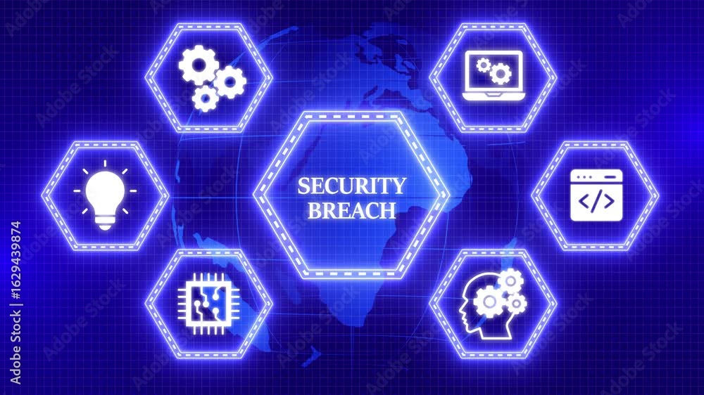 Aufkleber security breach. cyber security virus attack and breach. glowing world map globe technology backgrou