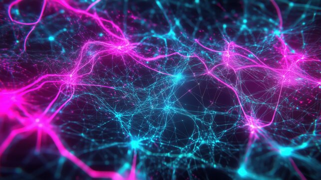 Neon neural network pattern in vibrant pink, blue. Futuristic 80s, iridescent style, glow effect, connected lines. Digital art, tech visuals, modern 90s, y2k creative banner.