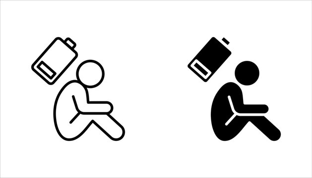 Tired person line icon set, lack battery energy, low charge, burnout workplace, stress icon vector illustration on white background