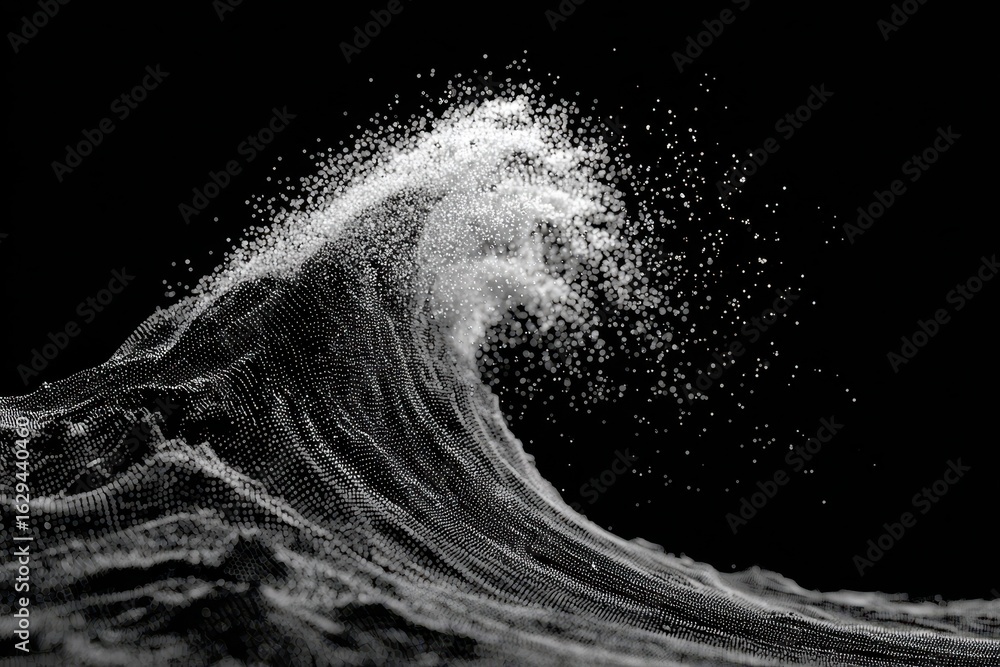 Poster dynamic depiction of crashing ocean wave in black and white showcasing intricate details and texture